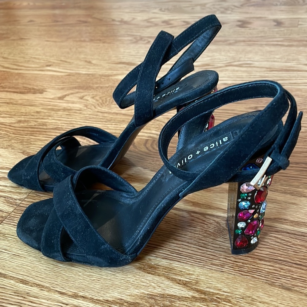 Alice + Olivia black strappy heels with jewels